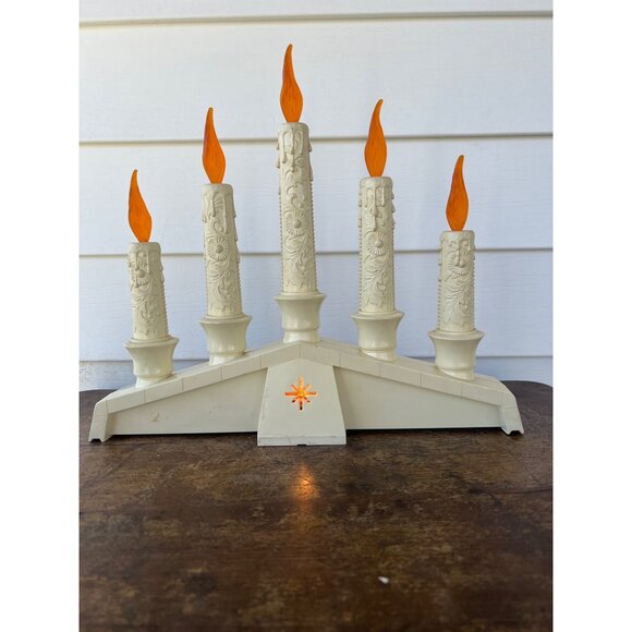 Vintage Electric Cream Plastic Candelabra With Orange Flame Bulbs & Floral Carvi - Picture 1 of 2